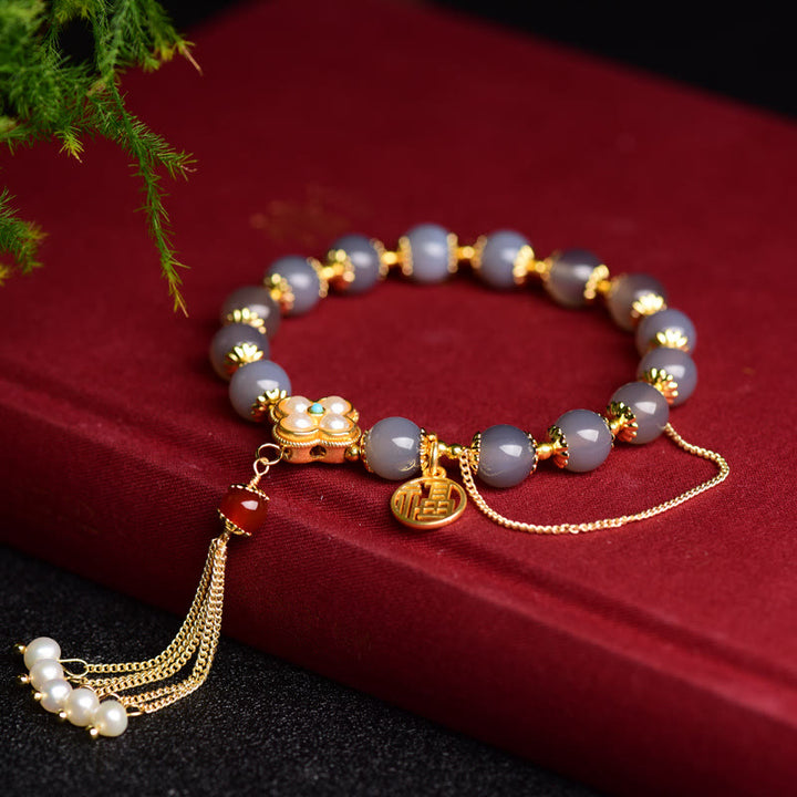 Buddha Stones Natuurlijke grijze agaat Fu karakter parel kwastje Armband - image 8