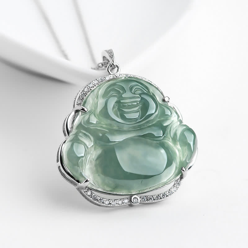 Buddha Stones Laughing Buddha Ketting van natuurlijke jade met hanger van titaniumstaal - Jade - image 0