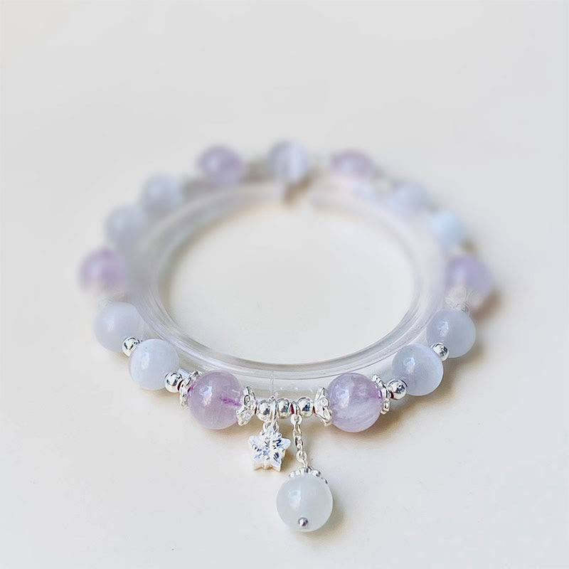 Buddha Stones Armband met natuurlijke amethist (kattenoog) en symbool voor spiritueel bewustzijn. - 925 Sterling Zilveren Amethist & Kattenoog (Polsomtrek 14-16 cm) - image 0