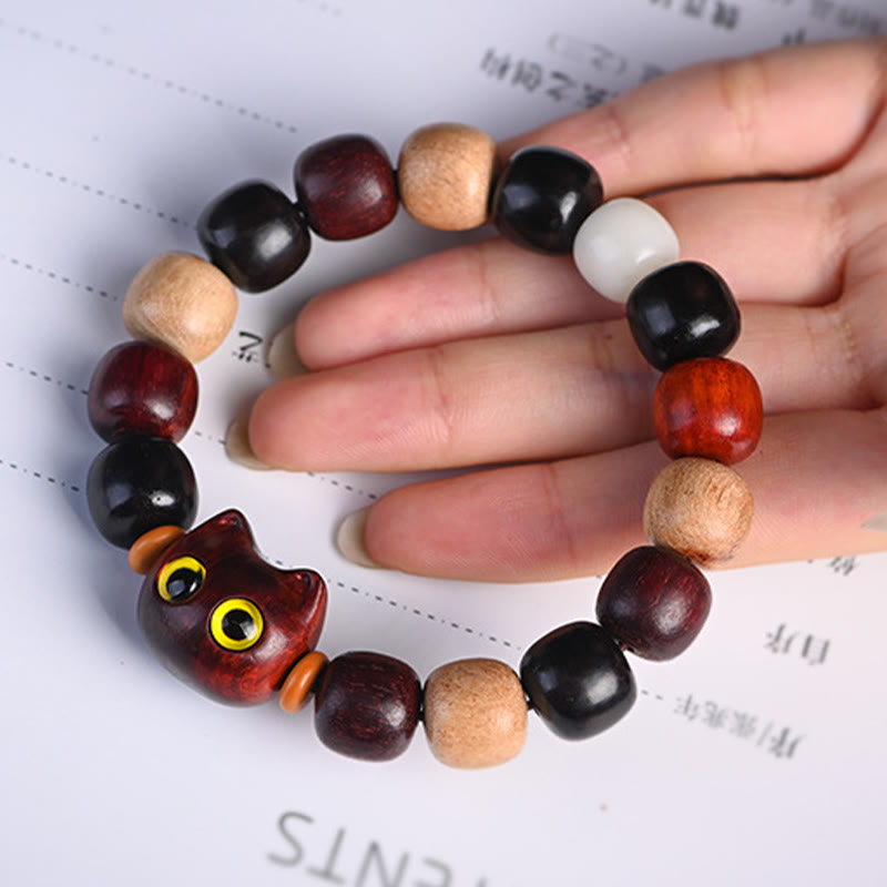 Buddha Stones Armband met kleine blaadjes, rood sandelhout, ebbenhout en schattige kat, gegraveerd ter bescherming - image 13