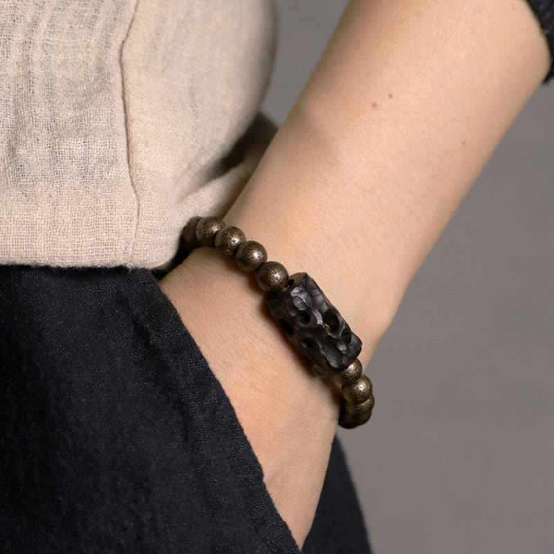 Buddha Stones Tibetaanse Armband van ebbenhout en koper met vredessymbool en kralen. - image 1