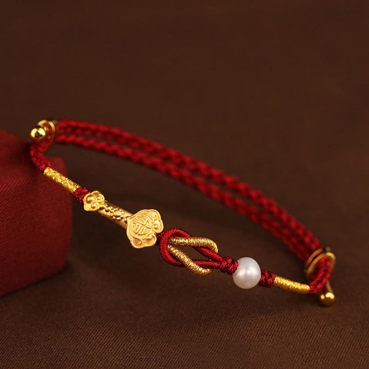 Buddha Stones 24K Gouden Armband met Ruyi-handvat en Fu-teken: Konijn, Parel, Geluk. - 24-karaats gouden wensarmband met Ruyi-hanger en Fu-parel (Polsomtrek 14-19 cm) - image 0