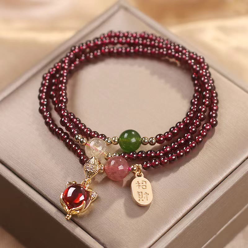 Buddha Stones Natuurlijke granaat aardbeikwarts kristallen vos koi vis vredesgesp geluksbescherming drievoudige Armband - image 1