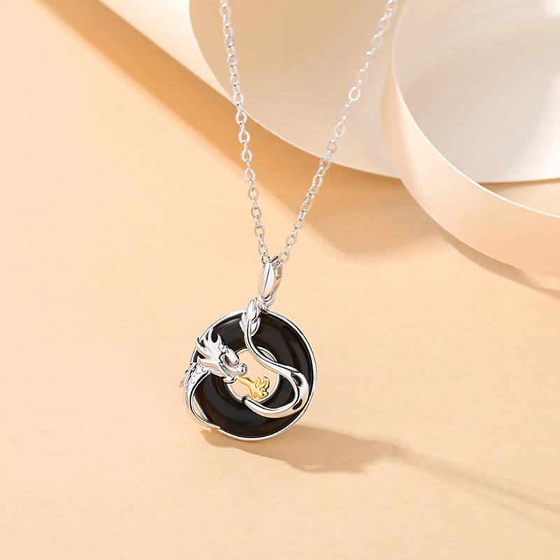 Buddha Stones 925 Sterling Zilveren Jaar van de Draak Natuurlijke Zwarte Onyx Chalcedoon Draak Feniks Vredesgesp Ketting - image 1