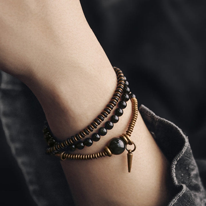 Buddha Stones Regenboog Obsidiaan Ebbenhout Koper Genezende Drievoudige Armband - image 4