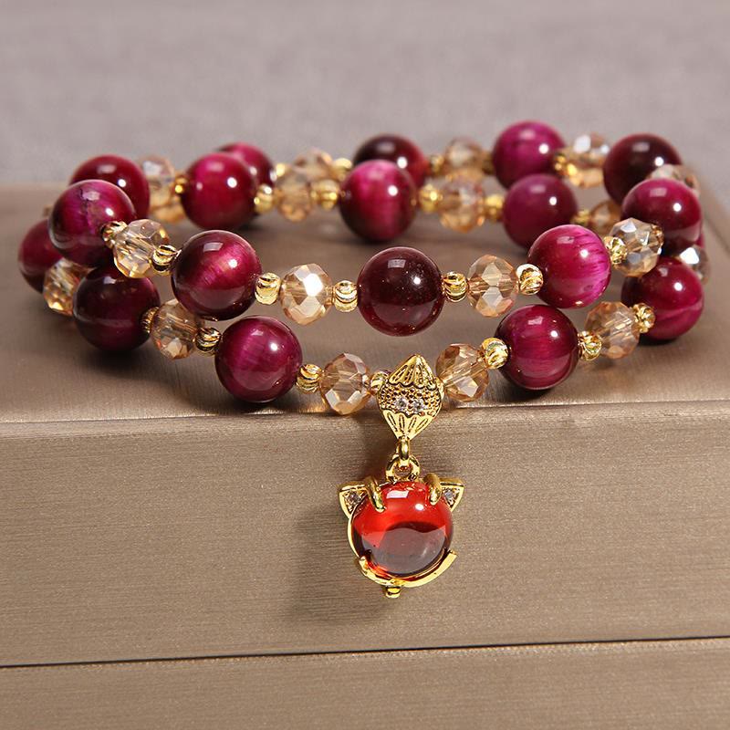 Buddha Stones Tijgeroog PiXiu Vos Geldzak Bescherming Zelfvertrouwen Dubbele Armband - Rode tijgeroog &amp; vos - image 10