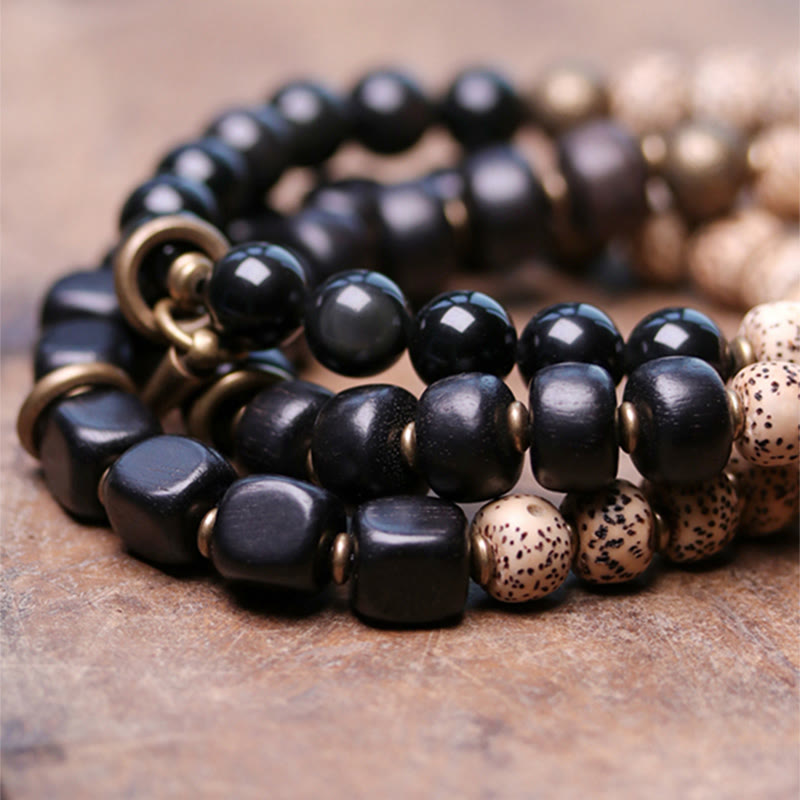 Buddha Stones Tibetaanse Bodhizaadarmband van zwarte obsidiaan , ebbenhout en koper - image 11