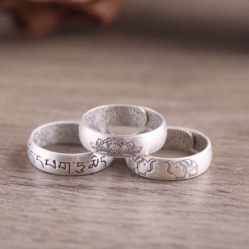 Buddha Stones Ring van 999 sterling zilver met lotusbloem en olifant, met zes ware woorden als zegen. - image 1