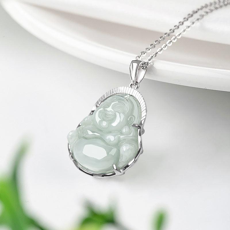 Buddha Stones Lachende Boeddha Jade Geluk Kalmte Titanium Stalen Ketting Hanger - image 4