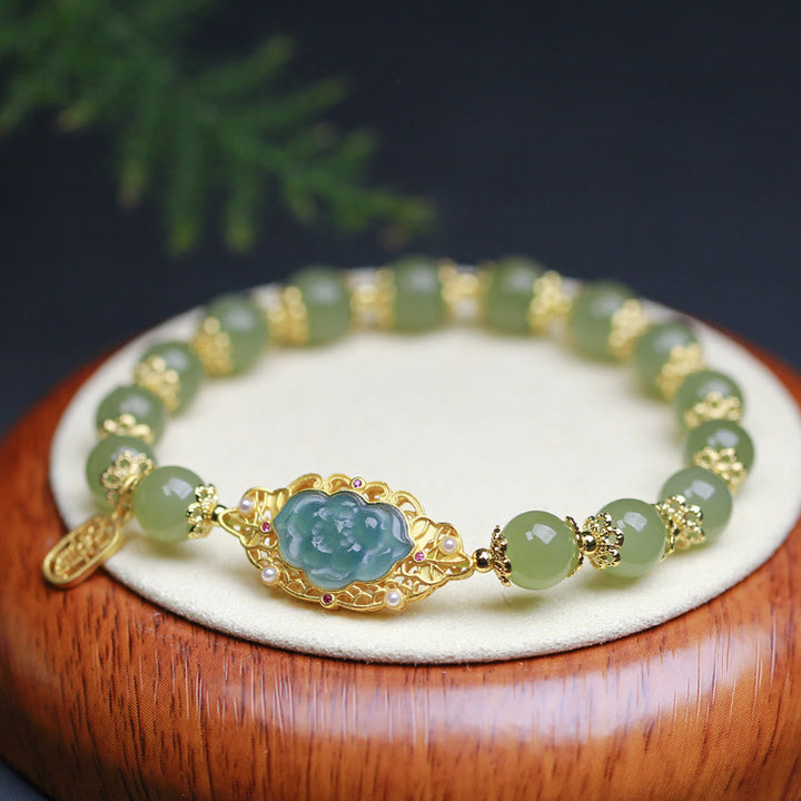 Buddha Stones 925 sterling zilveren, 14 karaats gouden, Hetian jade lotus Armband - Hetian Jade (Welvaart♥Overvloed) - image 0