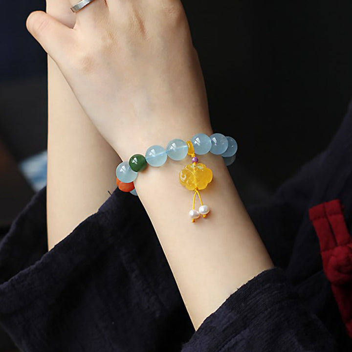 Buddha Stones Natuurlijke aquamarijn barnsteen Chinese knoop bedel Armband - image 3