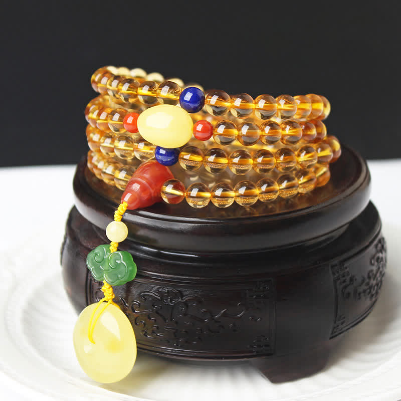 108 Mala kralen, natuurlijke citrien, amber, vredesgesp, rode agaat, PiXiu Armband - image 1