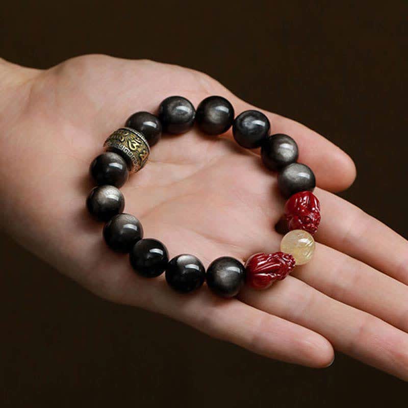Buddha Stones Gouden glans obsidiaan PiXiu cinnaber Om Mani Padme Hum Armband - image 5