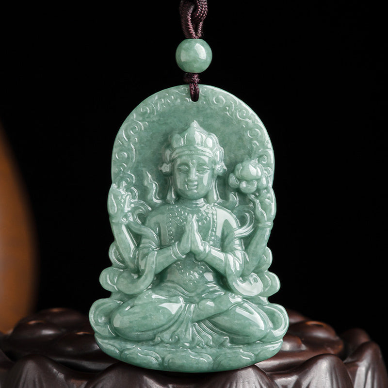 Buddha Stones Vierarmig Avalokitesvara amulet van natuurlijke jade met Ketting. - image 5