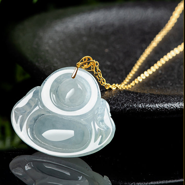 Buddha Stones Lachende Boeddha hanger van natuurlijke jade en titanium stalen Ketting - image 6