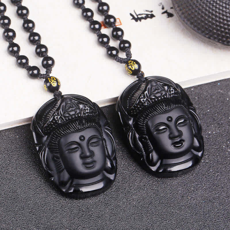 Buddha Stones Natuurlijke zwarte obsidiaan Kwan Yin Avalokitesvara kracht Ketting - image 1