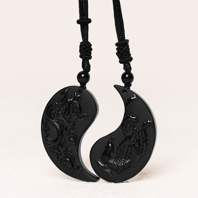 Buddha Stones Kettinghanger van zwarte obsidiaan met Yin Yang draak en feniks Ketting . - image 1