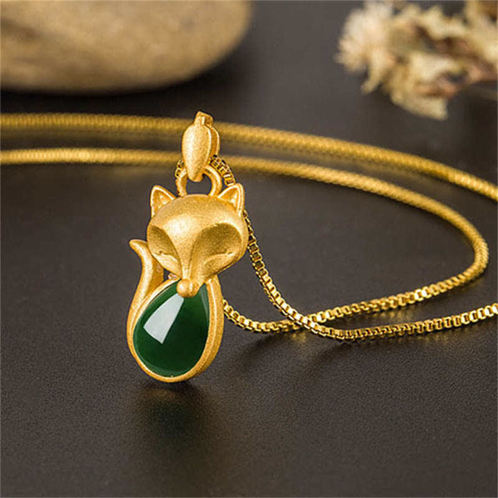 Buddha Stones Halskettinghanger met groene chalcedoon vossenpatroon en symbool voor moed - image 4