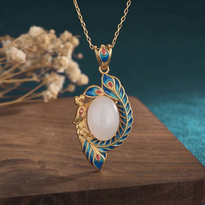 Witte jade pauw koperen zegen Ketting - Witte jade (Bescherming ♥ Geluk) - image 0