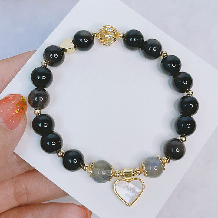 Buddha Stones Armband van obsidiaan met natuurlijke zilverglans, hart, ster en bloem. - image 1