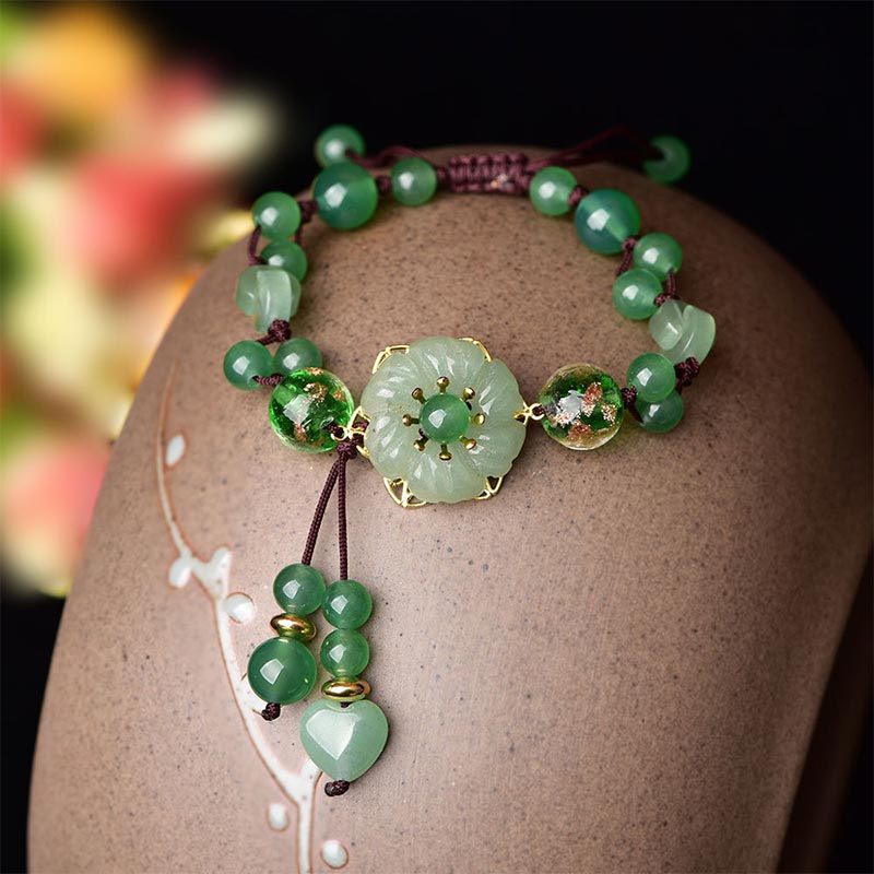 Buddha Stones Natuurlijke groene jade Armband met bungelende bloem - image 1