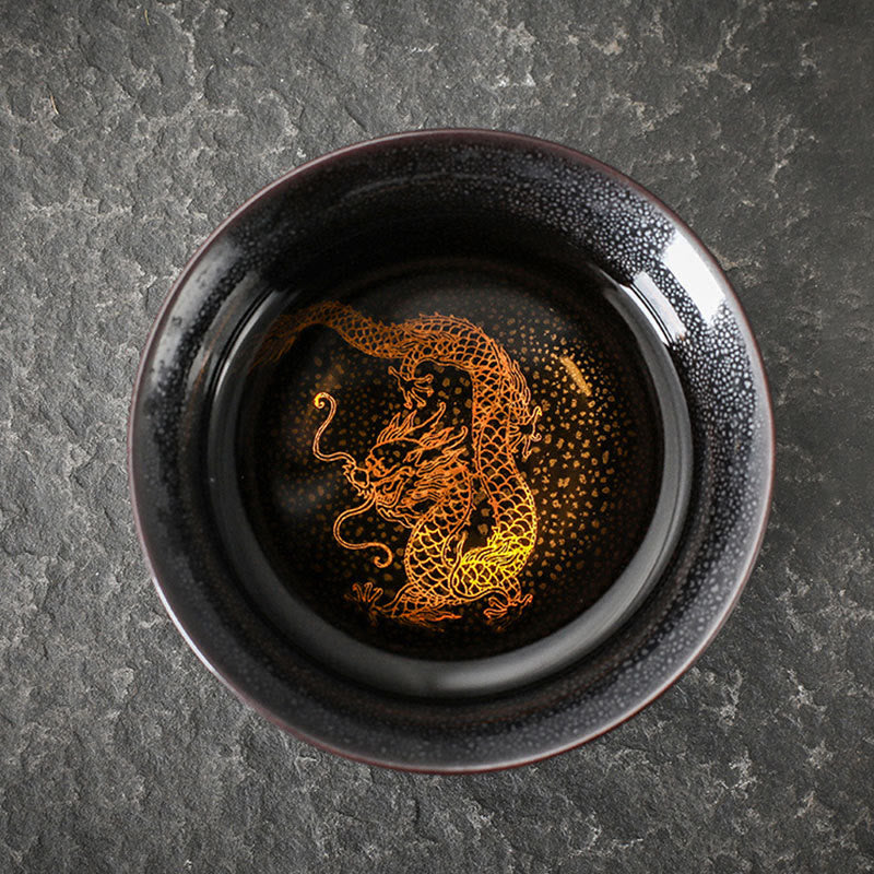 Buddha Stones Gouden blad Chinese Jianzhan Draak Feniks Lotus Avalokitesvara Koi Vis Keramische Theekop Tenmoku Kung Fu Theekopje Kom - 8,4 cm * 5 cm * 120 ml - Draak - image 0