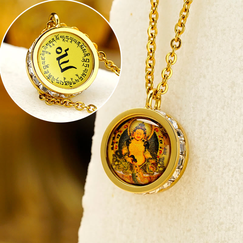 Buddha Stones Tibetaanse gele god van rijkdom, groene Tara Boeddha, sereniteit, Ketting van titaniumstaal - Voorkant: Gele God van de Rijkdom, Achterkant: Mantra - image 0