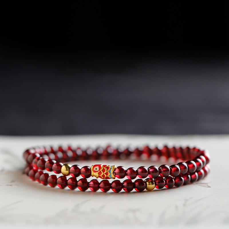 Buddha Stones 999 Gouden Koi Vis Armband met Natuurlijke Granaat - 4 mm - Dubbele Armband met granaat- en gouden koivissen - 17 cm - image 8