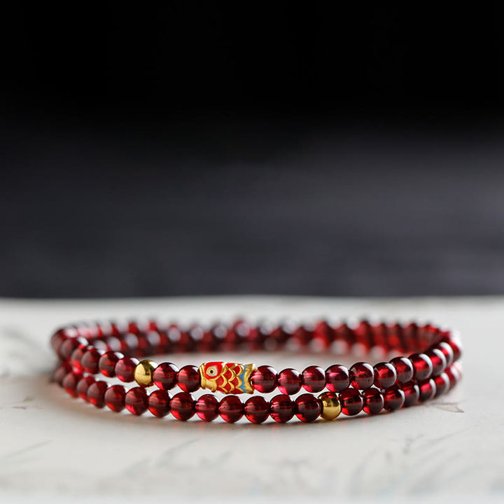Buddha Stones 999 Gouden Koi Vis Armband met Natuurlijke Granaat - 4 mm - Dubbele Armband met granaat- en gouden koivissen - 17 cm - image 8