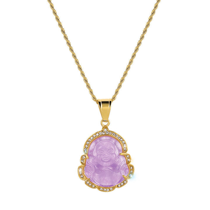 Buddha Stones Ketting met lachende Boeddha van jade, 18 karaats verguld - Lichtpaars - image 13