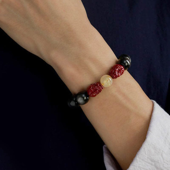 Buddha Stones Gouden glans obsidiaan PiXiu cinnaber Om Mani Padme Hum Armband - image 2