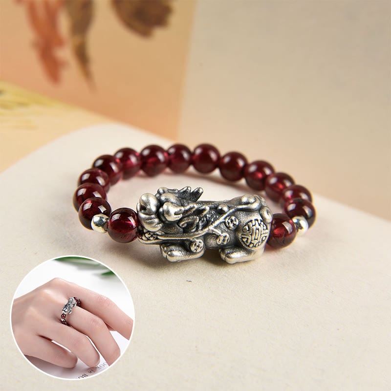 Buddha Stones 925 Sterling Zilveren Ring met Natuurlijke Granaat, Maansteen en Rode Agaat PiXiu Rijkdom Ring - Garnet PiXiu - image 0