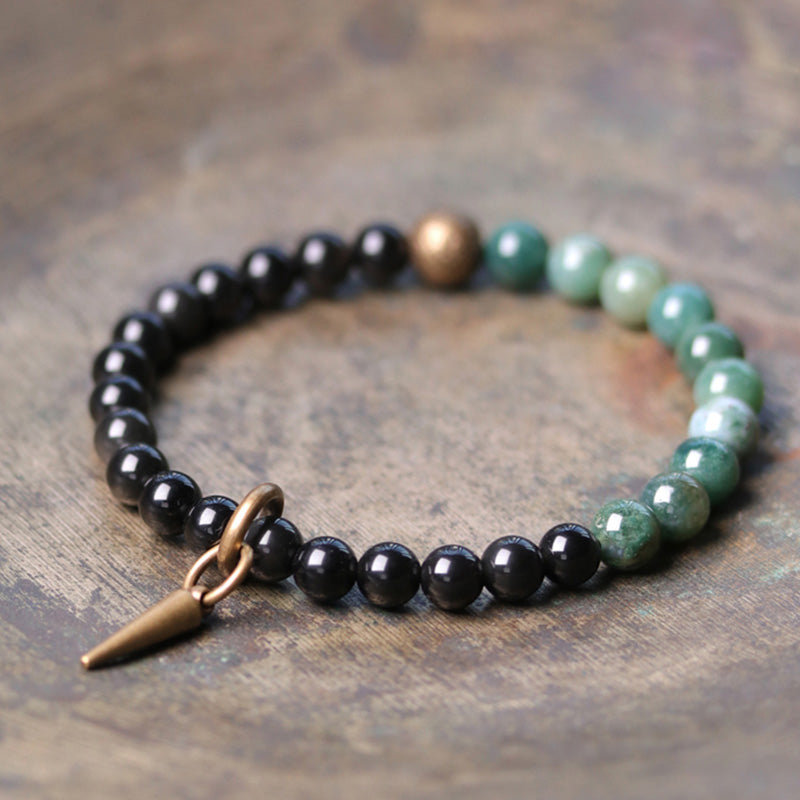 Buddha Stones Armband voor koppels met zwarte obsidiaan, sodaliet en koperen kristallen. - Zwarte obsidiaan en mosagaat - 18 cm - image 10