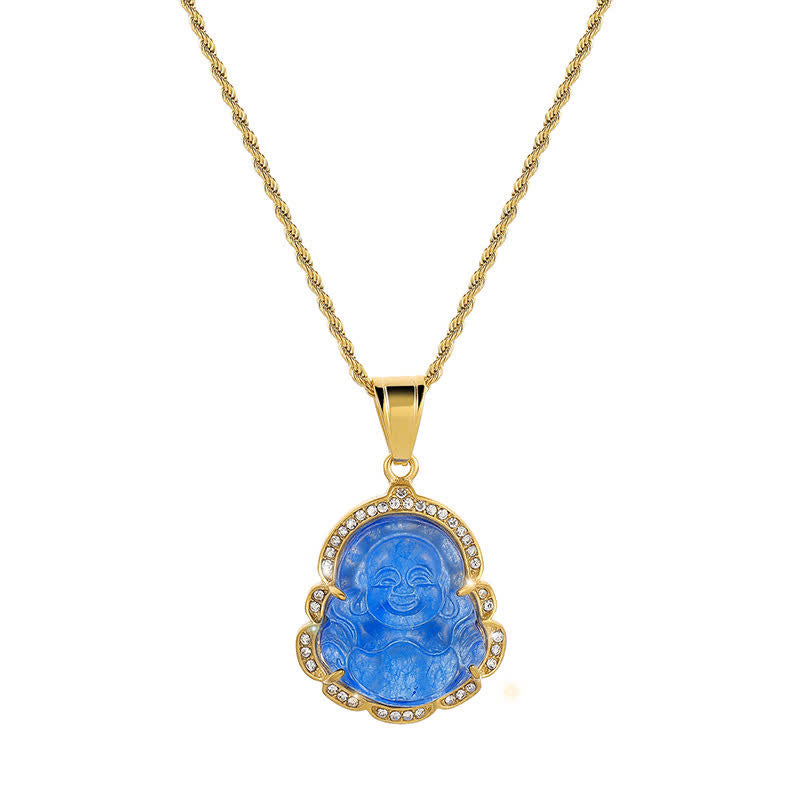 Buddha Stones Ketting met lachende Boeddha van jade, 18 karaats verguld - Blauw - image 14