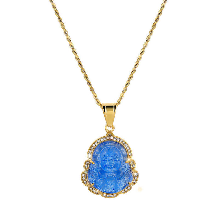 Buddha Stones Ketting met lachende Boeddha van jade, 18 karaats verguld - Blauw - image 14