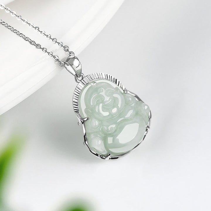 Buddha Stones Lachende Boeddha Jade Geluk Kalmte Titanium Stalen Ketting Hanger - image 3