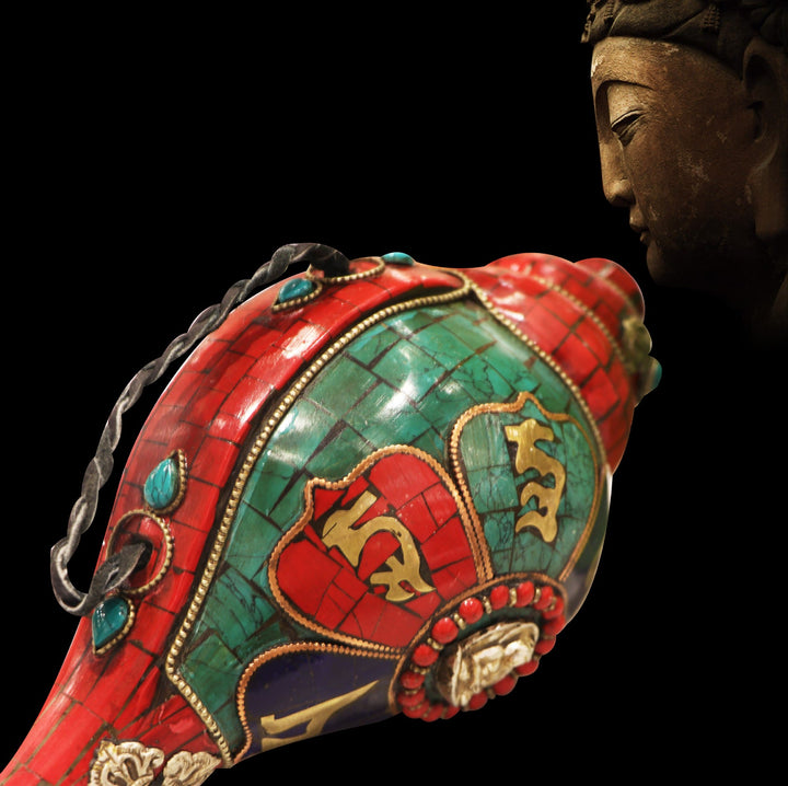 Tibetaanse handgemaakte Shankha Om Mani Padme Hum Boeddha Conch Shell Lucky Decoratie - image 3