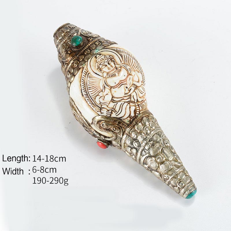 Tibetaanse handgemaakte gegraveerde Shankha Boeddha schelp decoratie, symbool voor welvaart en positiviteit. - Gele God van de Rijkdom - image 10