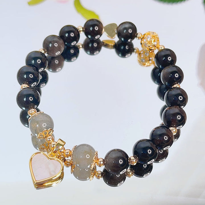 Buddha Stones Armband van obsidiaan met natuurlijke zilverglans, hart, ster en bloem. - Zilverglanzende obsidiaan &amp; liefdeshart - image 0