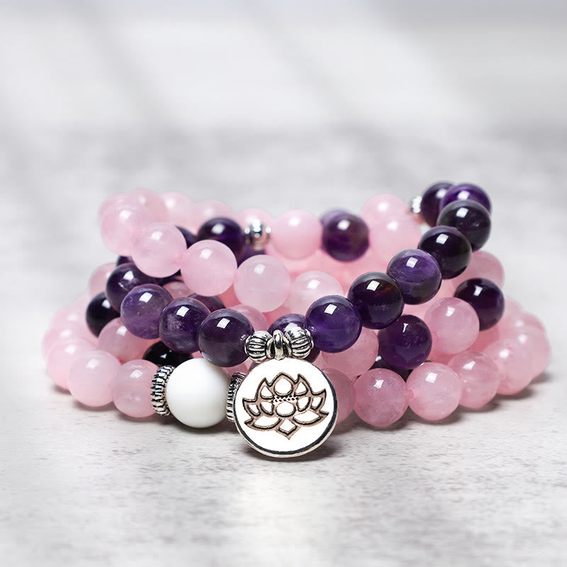Buddha Stones Mala kralen lotus hanger Armband met natuurlijke rozenkwarts en amethist - Lotus hanger - image 0