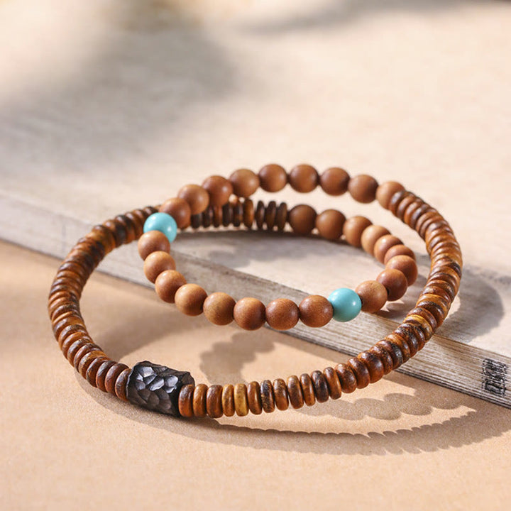 Buddha Stones Sandelhout Turkoois Beschermende Dubbele Armband - Sandelhout (Bescherming♥Rust) - image 0