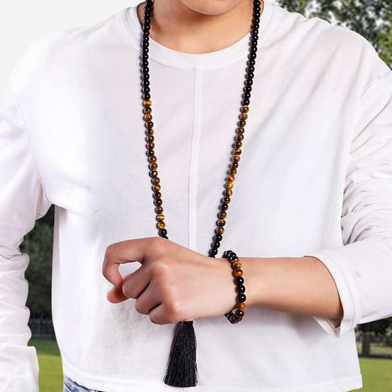 Buddha Stones Tibetaanse zwarte onyx tijgeroog Ketting Mala set - image 8