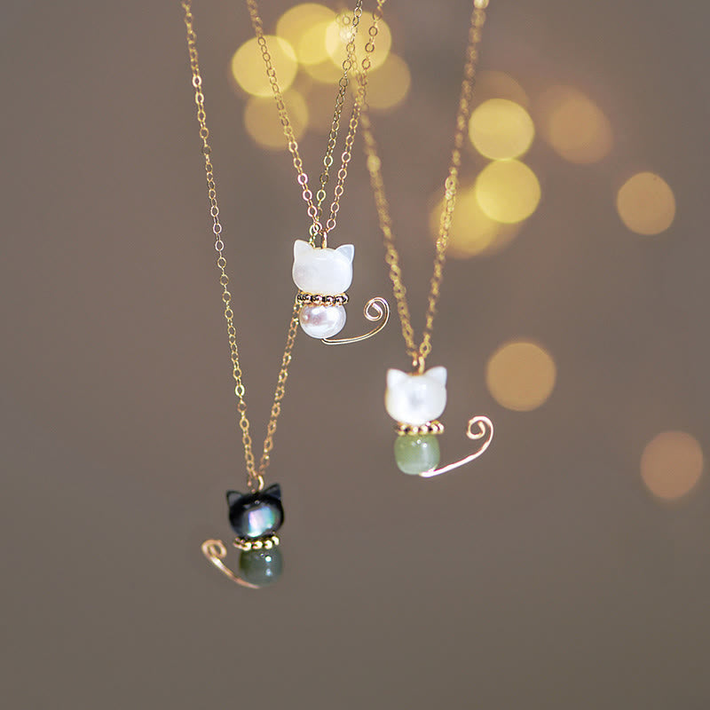 Buddha Stones 14-karaats vergulde parel Hetian jade schelp gelukskat Ketting hanger - image 0