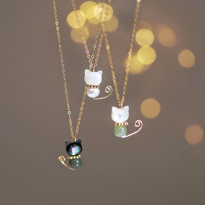 Buddha Stones 14-karaats vergulde parel Hetian jade schelp gelukskat Ketting hanger - image 0