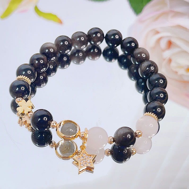 Buddha Stones Armband van obsidiaan met natuurlijke zilverglans, hart, ster en bloem. - Zilverglans Obsidiaan &amp; Ster - image 5