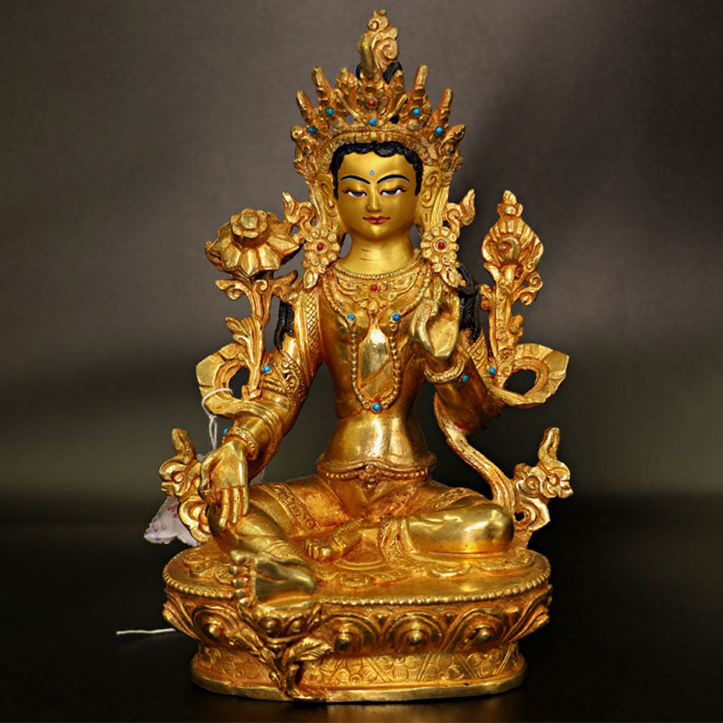 Buddha Stones Bodhisattva Tara Chenrezig Vierarmige Avalokitesvara Beschermingsbeeldje van koper en verguld goud. - image 0