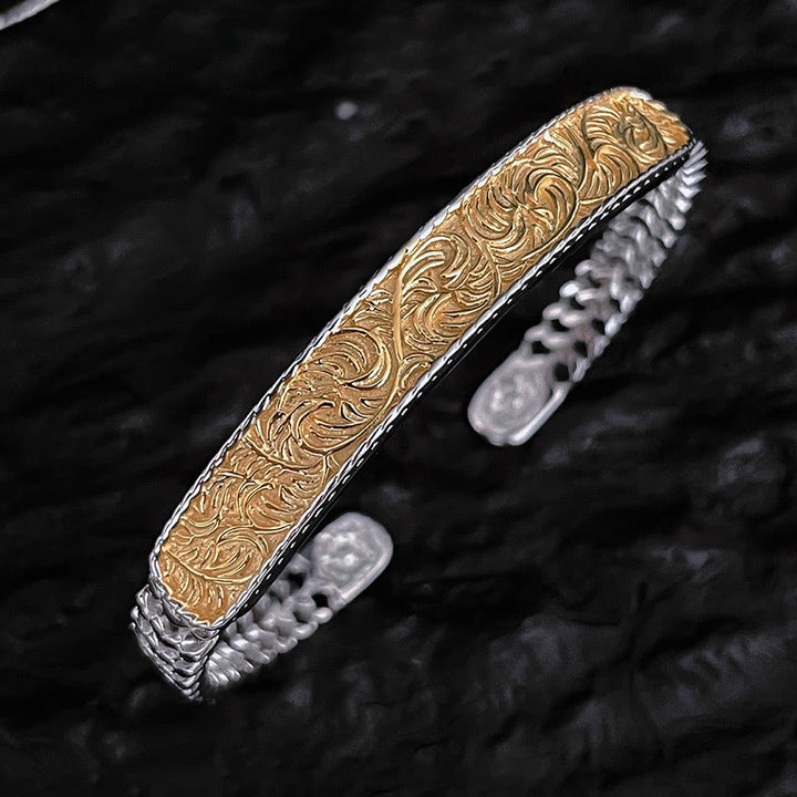 Buddha Stones Tang-dynastie Manchetarmband met bloemmotief, gegraveerd door koper , Bangle Ring - Gouden Tang-dynastie bloemmotief - Bangle-armband - image 2