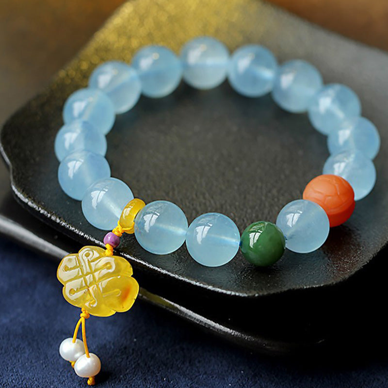 Buddha Stones Natuurlijke aquamarijn barnsteen Chinese knoop bedel Armband - image 7