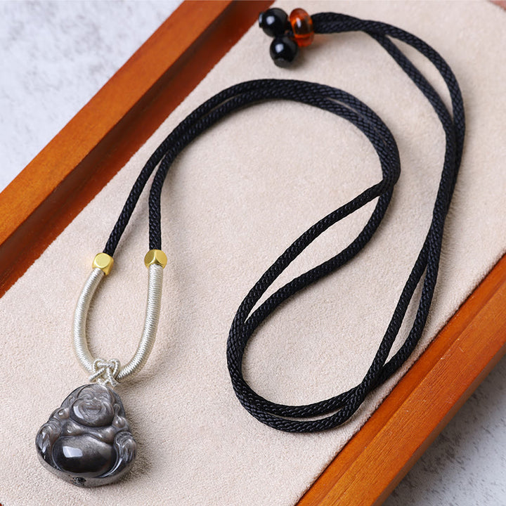 Buddha Stones Natuurlijke zilverkleurige obsidiaan lachende Boeddha Ketting - Lachende Boeddha Zwarte Ketting - image 9