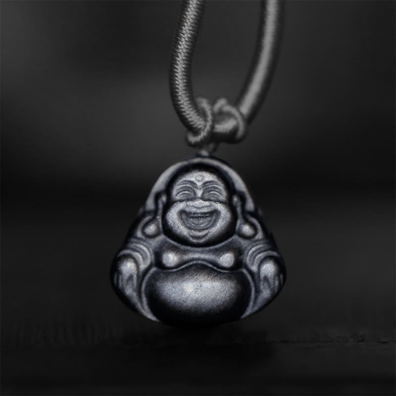 Buddha Stones Natuurlijke zilverkleurige obsidiaan lachende Boeddha Ketting - image 0